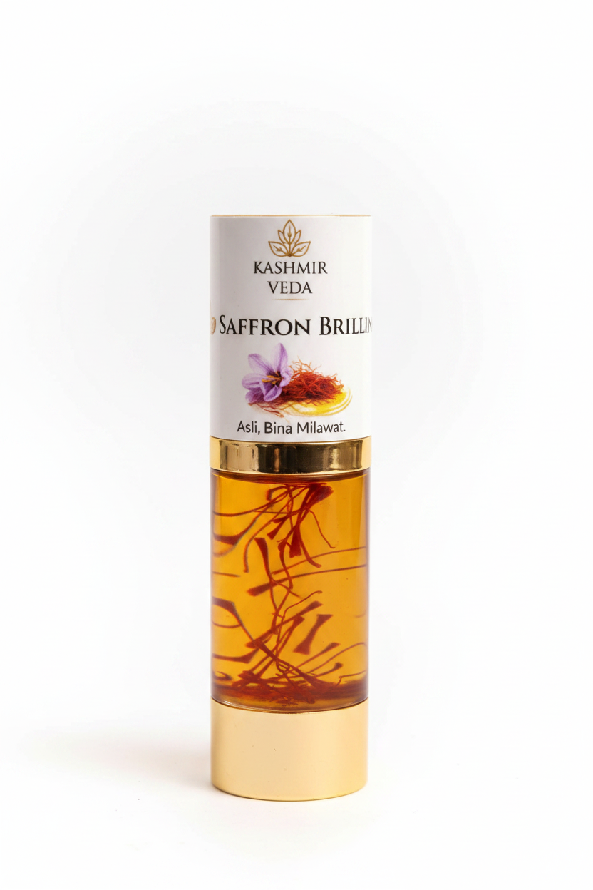 Kashmir Veda Saffron Oil with saffron inside bottle
