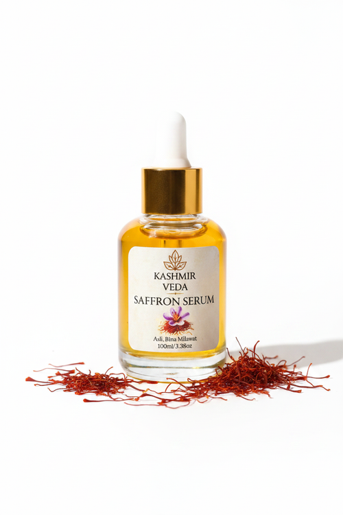 Kashmir Veda Saffron Serum with saffron on floor
